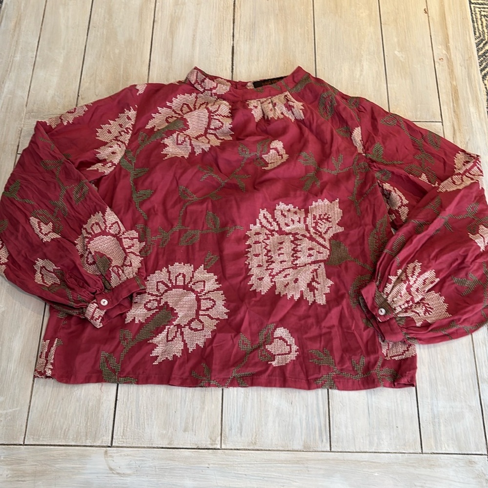 Payal Pratap Dark Red Green Tan Floral Embroidered Blouse Size 12